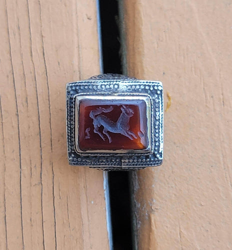 Sheep ring- Signet ring- red stone  ring- Aqeeq stone ring. Tribal Gypsy Ring. Bohemian Jewelry. Animal Rings.Hand carved Rings.