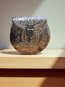 Handcrafted Silver Metal Clutch Bag: Boho Tribal Design