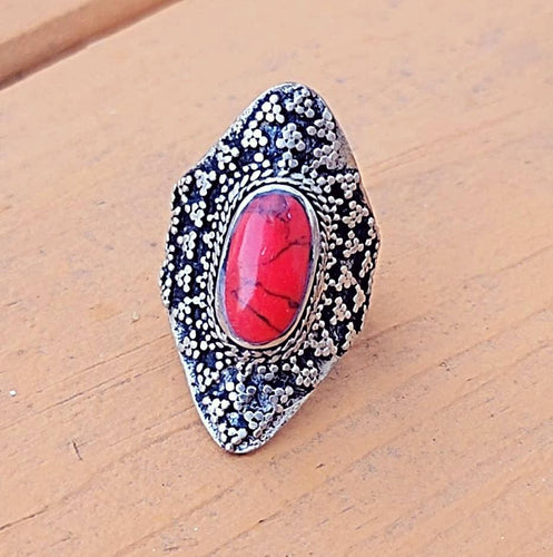 Coral Ring- Kuchi Ring- Afghan jewelry-  Saddle ring. Coral statement ring. Stone rings. Bohemian Afghan ring. Gypsy Nomadic Ring- boho ring