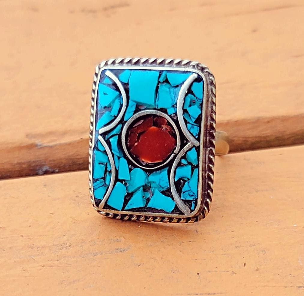 Turquoise Mosaic Ring- Tibetan Turquoise and lapis ring- Stone ring- Saddle ring- Vintage Silver jewelry- Tibetan jewelry