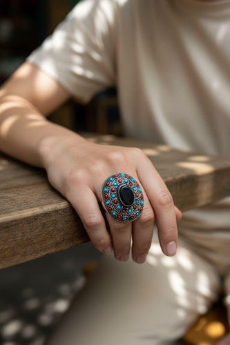 Afghan Turquoise Ring: Vintage Silver Alloy, Tribal Jewelry
