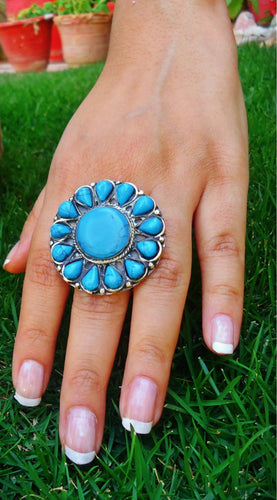 Vintage Turquoise Ring: German Silver Boho Statement Ring, Size 7-8