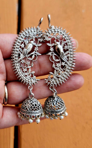 Handcrafted tribal earrings. Silver jhumka earrings