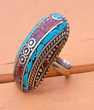 Sterling Silver Turquoise Coral Ring: Adjustable Tibetan Saddle Ring