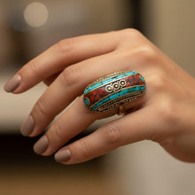 Sterling Silver Turquoise Coral Ring: Adjustable Tibetan Saddle Ring