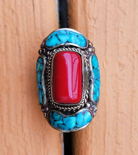 Vintage Turquoise Coral Mosaic Ring - Tibetan Himalayan Jewelry - Size 8