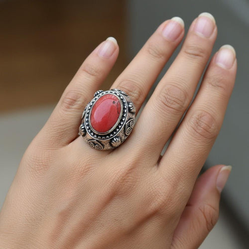 FREE Shipping Afghan ring-l Vintage silver ring- Red coral ring. kuchi Ring.Ethnic Stone rings.Bedouin Jewelry.Afghan Vintage Ring.