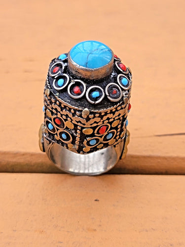 Turquoise  ring- Afghan Silver Ring.  Nomadic Ring. vintage jewelry. Gypsy Ring. Bohemian Ring.Afghani jewelry- Turquoise dome ring