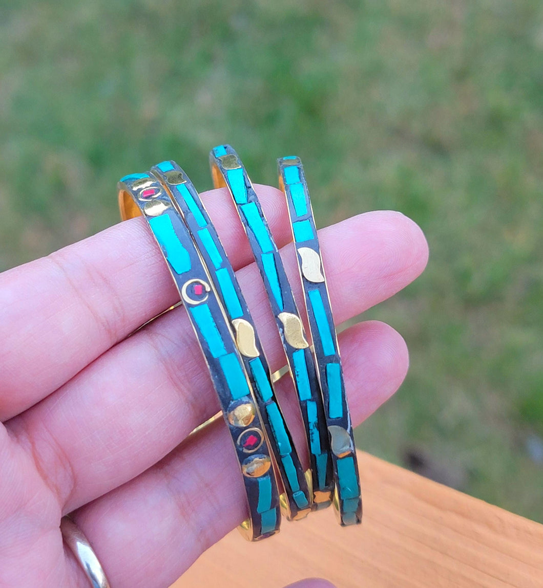 Handmade Turquoise Stacking Bangle – Nepali Tibetan Silver Cuff (5 Piece Set)