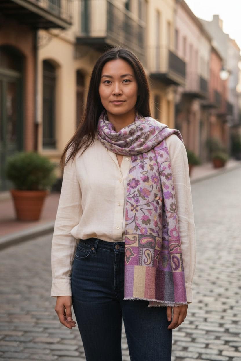 Handwoven Cashmere Scarf – White Jamawar Border, Winter Shawl