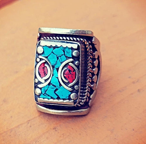 Turquoise & Coral Cocktail ring Ring Turquoise Coral.Tibetan Jewelry..Statement Rings.Turquoise stone rings.Coral Ring.