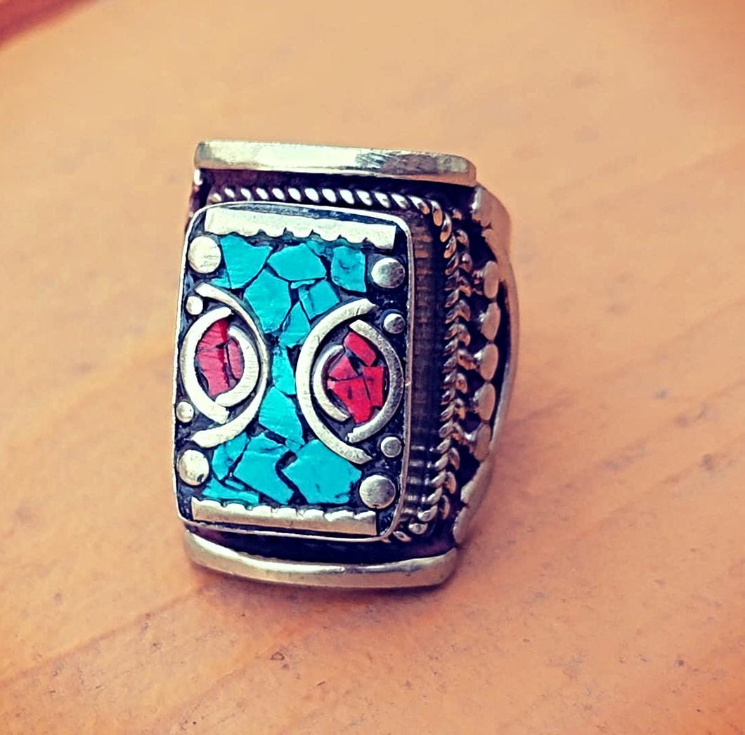 Turquoise & Coral Cocktail ring Ring Turquoise Coral.Tibetan Jewelry..Statement Rings.Turquoise stone rings.Coral Ring.