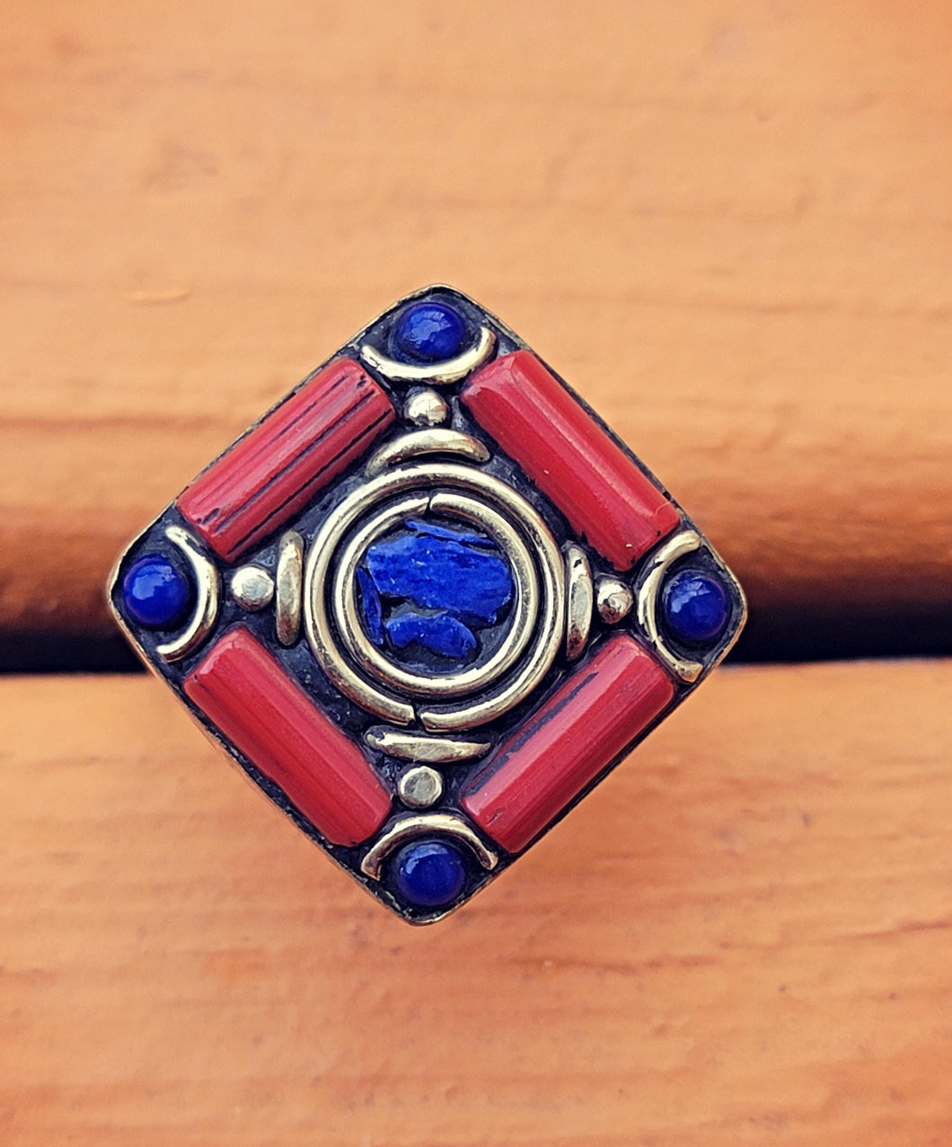 Turquoise Stack-able ring- Turquoise ring- Turquoise and Coral Mosaic ring- Turquoise and Gold flower ring- Bohemian turquoise jewelry