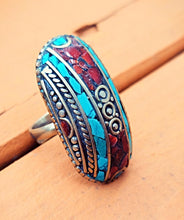 Sterling Silver Turquoise Coral Ring: Adjustable Tibetan Saddle Ring