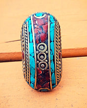 Sterling Silver Turquoise Coral Ring: Adjustable Tibetan Saddle Ring