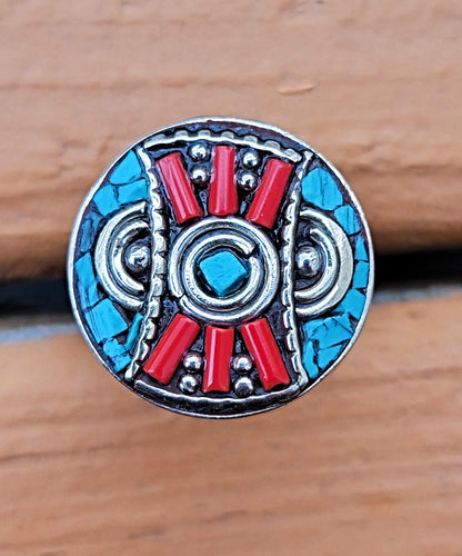 Vintage Tibetan Turquoise Mosaic Ring: Size 7