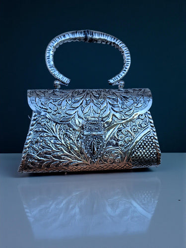Handcrafted Silver Brass Clutch Bag: Vintage-Style Arabian Design