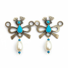 Turquoise Pearl Bird Earrings- Sterling Silver Earrings- Handmade jewelry