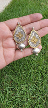 Jhumka earrings-Large silver Indian Earrings: Gold Tone Engraved Boho Jewelry