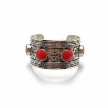 Red coral Cuff Bracelet: Tribal Kuchi Jewelry with silver & Onyx