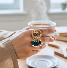 Chand Tara ring- Green Jade jewelry- pearl ring-  gold ring- cocktail ring