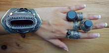 Black Aqeeq Stone Silver Cuff Bracelet - Hand Carved Afghan Jewelry