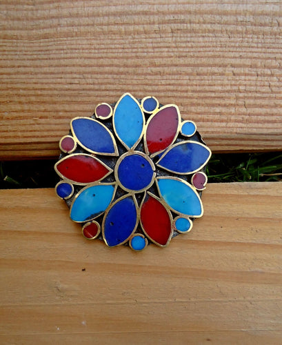 Bohemian Flower Ring: Turquoise Coral Stone, Afghan Kuchi Ring, Size 9