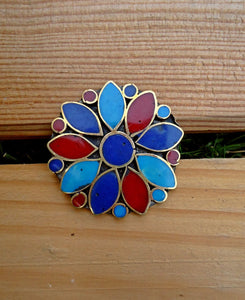 Bohemian Flower Ring: Turquoise Coral Stone, Afghan Kuchi Ring, Size 9