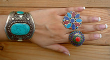 Bohemian Flower Ring: Turquoise Coral Stone, Afghan Kuchi Ring, Size 9