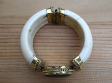 Vintage Bone Cuff Bracelet: Green Jade, Brass, Boho Tribal Jewelry