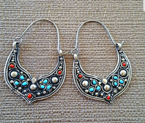 Silver Moon Hoop Earrings- Tribal Gypsy Boho Earrings. Crescent Hoop earrings. Afghan Tribal- Kuchi Earrings. Bohemian Jewelry