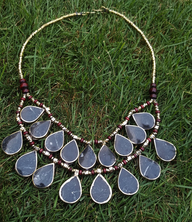 Tribal black onyx necklace.Tribal Choker Necklace. Statement necklace. Ethnic stone jewelry.Tribal gypsy Nomadic choker