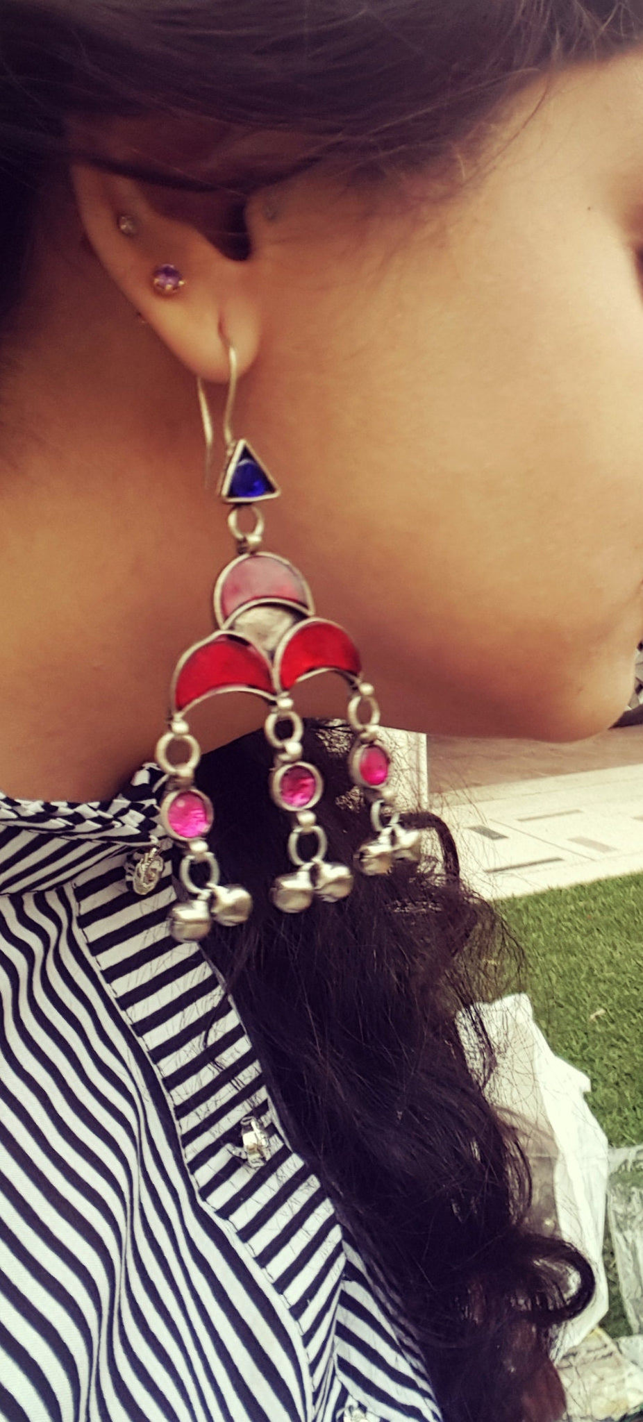 kundan Jadau Jewellery | Buy Drop Earrings with Blue & Pink Stone – Nithilah