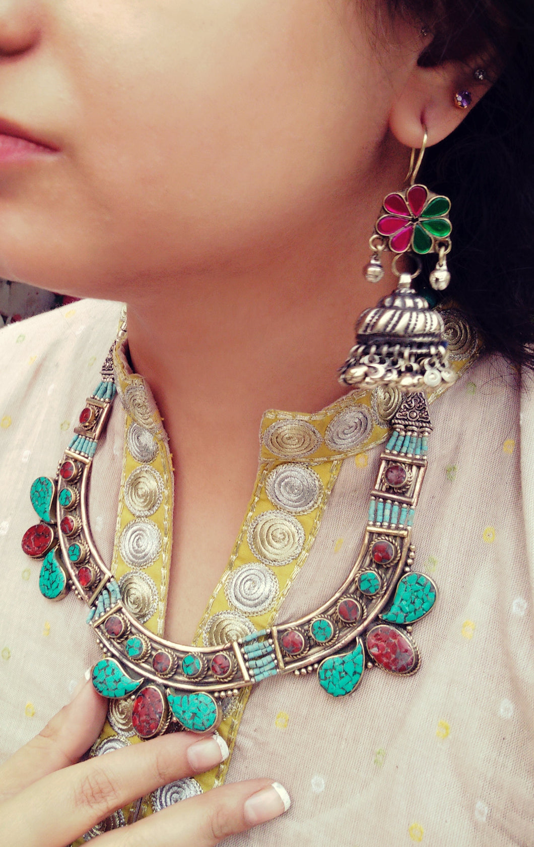 Jhumka earrings- flower earrings-  Tribal floral earrings- Bohemian jewelry- Gypsy jewelry- Tribal earrings- Dangle earrings- Half moon