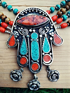 Hamsa necklace- Turquoise statement necklace- Tibetan Necklace- bohemian necklace- nepali jewelry- turquoise jewelry- Turquoise necklace