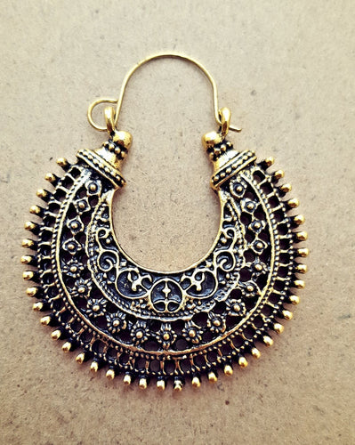 Tribal Hoops- Gold Earring, gold color Hoop ornate Earring- Boho Hippie- Filigree Earring- Gypsy Jewelry -  Hoop Earrings Tribal Jewelry-