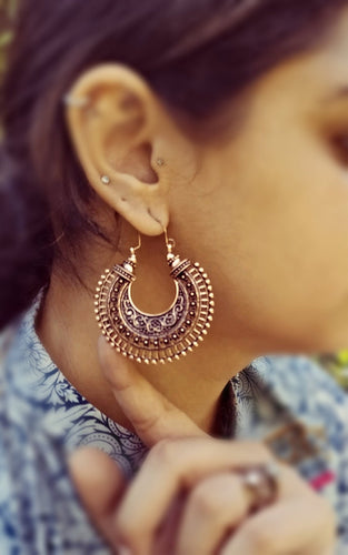 Crescent Earring,Silver Hoop ornate Earring- Rose gold Filigree Earring- Gypsy Jewelry -  Hoop Earrings Tribal Jewelry-