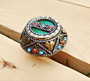 Vintage Silver Ring- Ring.Kazakh tribal Afghan Ring.Vintage jewelry.Tribal silver Ring.Gypsy Boho Green Jade Rings- Stone ring