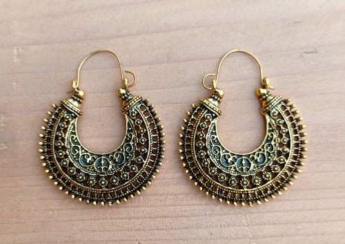 Tribal Hoops- Gold Earring, gold color Hoop ornate Earring- Boho Hippie- Filigree Earring- Gypsy Jewelry -  Hoop Earrings Tribal Jewelry-