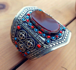 Free Shipping Rajhastani Nauratan Cuff-Silver- Aqeeq-Turquoise- Cuff- Tribal - Tribal-Ethnic-Nomadic- Turquoise- Bracelet- Jewelry- Banjara