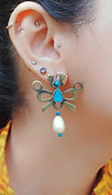 Girl with a pearl earring- Turquoise and pearl- Gold turquoise earring-Bird earring-White pearl earring-Turquoise earring- statement earring