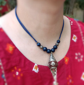 Tibetan Lapis Pendant chain Necklace- Wood Horn Pendant necklace- Brass Turquoise Pendant- Turquoise inlay pendant necklace- Lapis jewelry