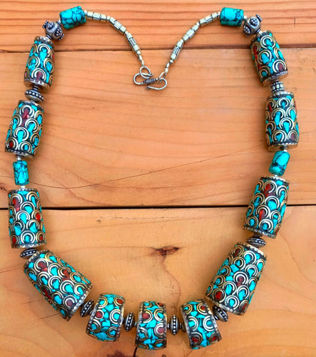 Turquoise Jewelry- Nepalese  Necklace- Turquoise, Coral, Golden Amber Resin, Lapis- Tibetan Turquoise mala necklace- Bohemian turquoise