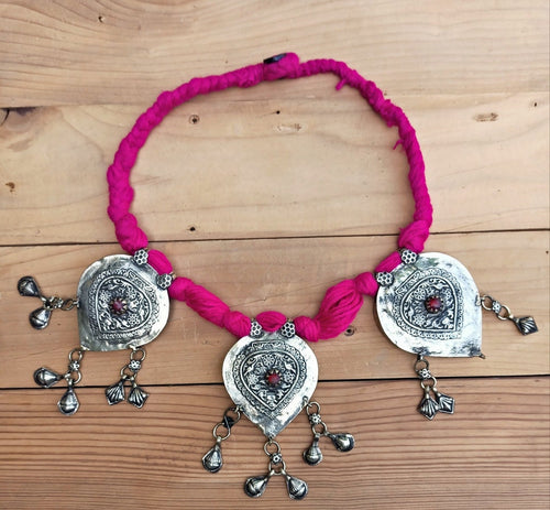 Antique large Islamic Central Asian tribal silver amulet and talisman chain necklace-Afghan tribal necklace- boho pink necklace