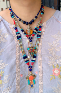 Evil eye jewelry-Hamasa pendant- Lapis pendant- Pendant- Boho  Pendant - Statement pendant necklace- Stone jewelry- chain necklace