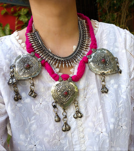 Antique large Islamic Central Asian tribal silver amulet and talisman chain necklace-Afghan tribal necklace- boho pink necklace