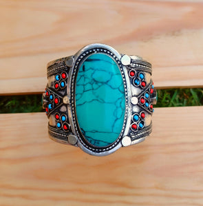 Silver afghan cuff bracelet- Turquoise bracelet-  Vintage Afghan Tribe Cuff bracelet- malachite cuff - Vintage jewelry-  Bohemian jewelry-