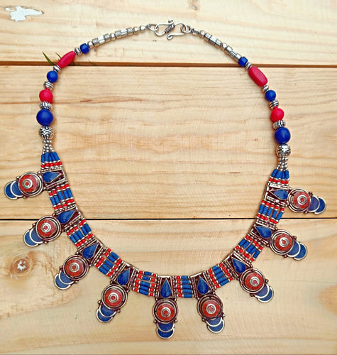 Lapis jewelry- Lapis necklace- Turquoise beaded necklace- Statement necklace- Bohemian turquoise jewelry- Nepali turquoise necklace-