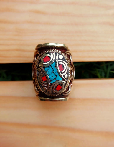 Turquoise & Coral Cocktail ring Ring Turquoise Coral.Tibetan Jewelry..Statement Rings.Turquoise stone rings.Coral Ring.