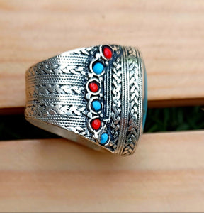 FREE Shipping Large Turquoise Ring  Afghan Souvenir Jewelry- Afghan Vintage Tribal Jewelry Ring in High Grade Silver and Turquoise Stone